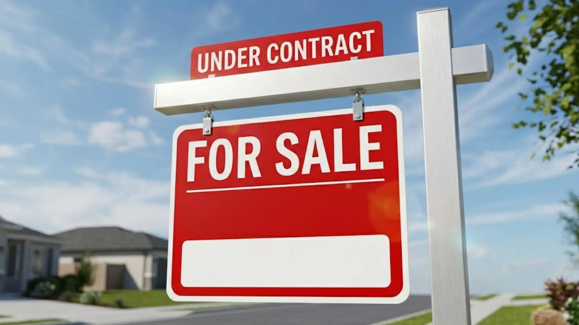 For sale sign with under contract label outside a suburban home on a sunny day