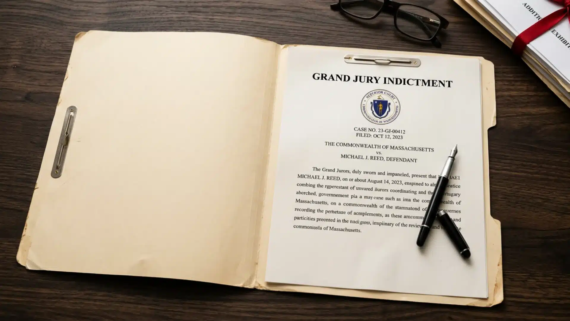 Grand jury indictment document open on a desk representing formal criminal charges