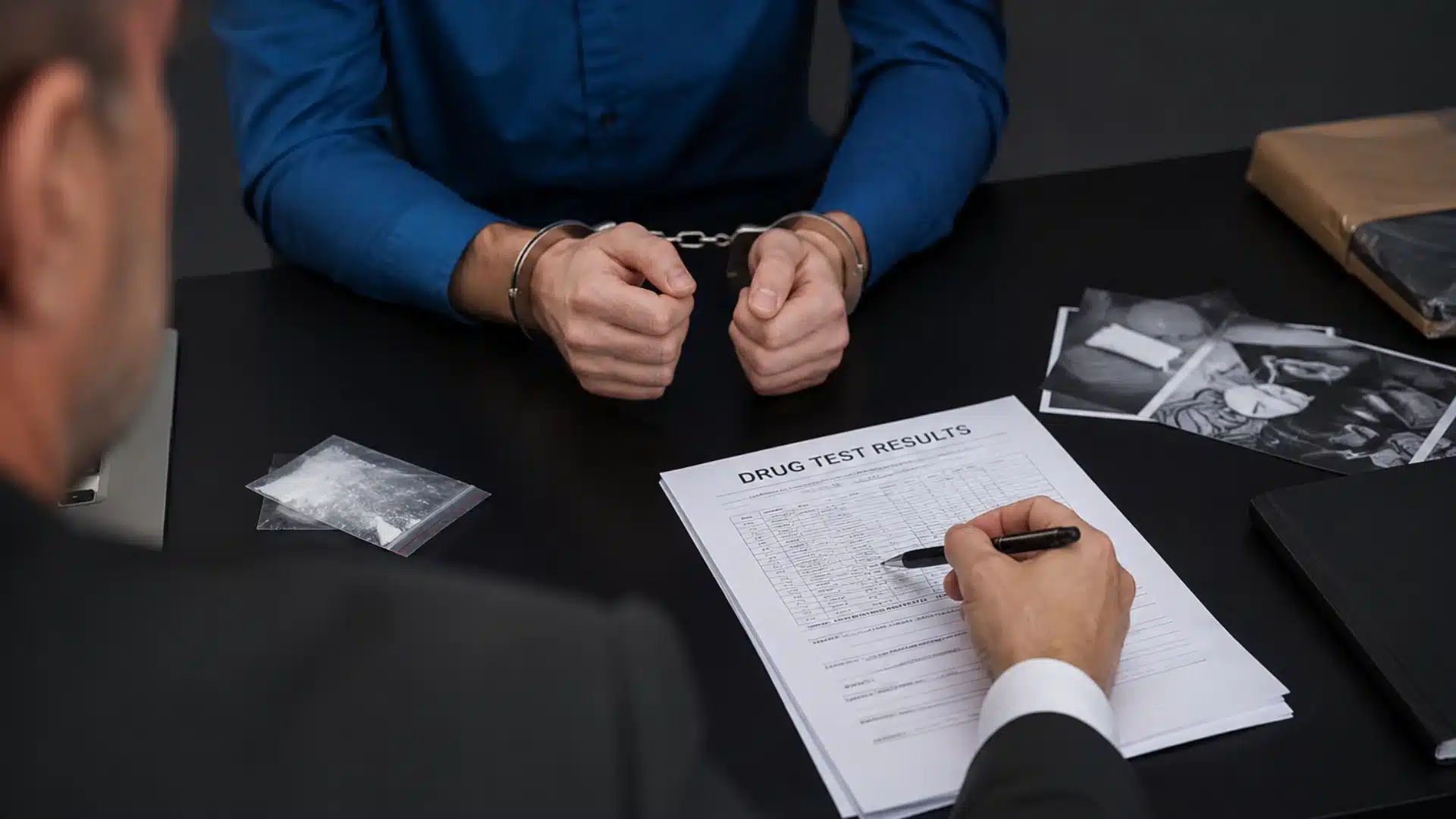 Handcuffed suspect reviewing drug test results with an investigator during a criminal investigation meeting