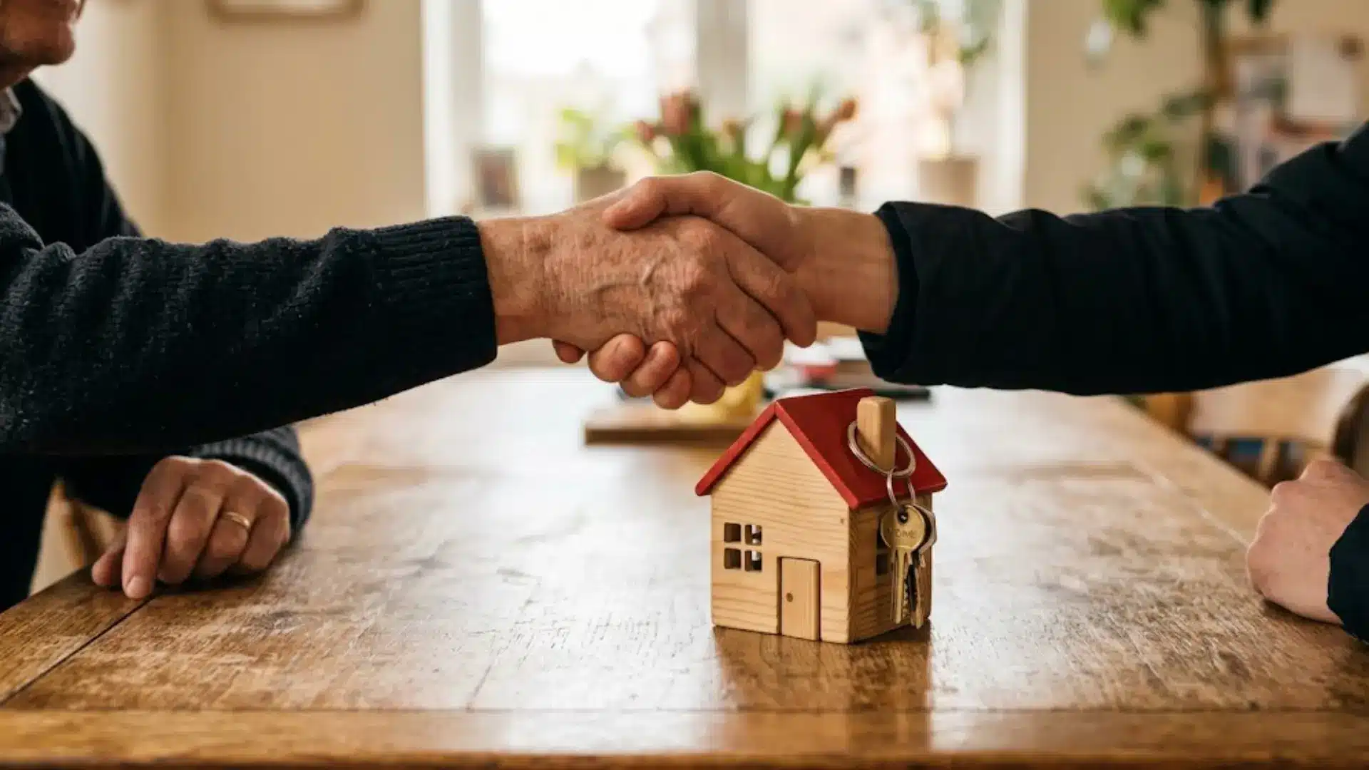 Handshake over house keys and model home during a land contract property agreement