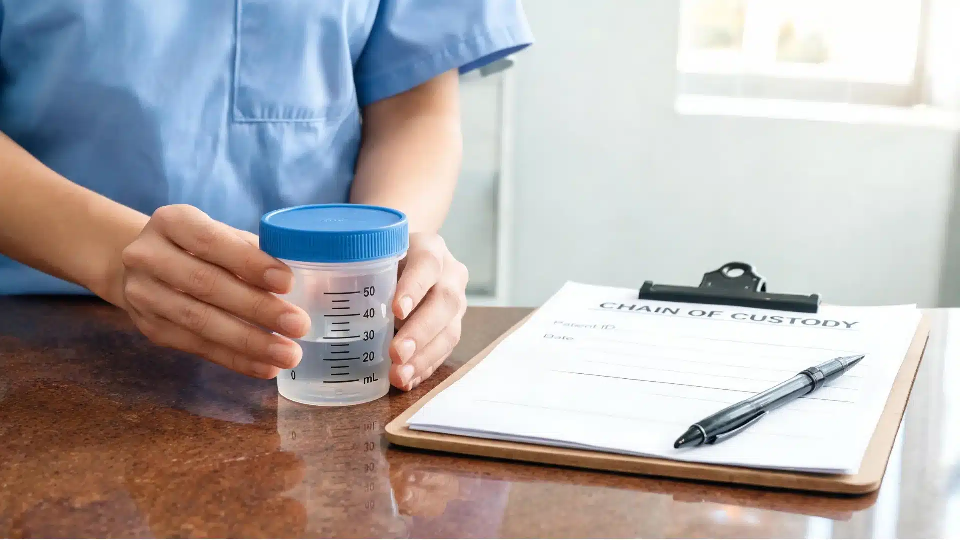 Healthcare worker holding a urine sample cup beside a chain of custody form for workplace or probation drug testing