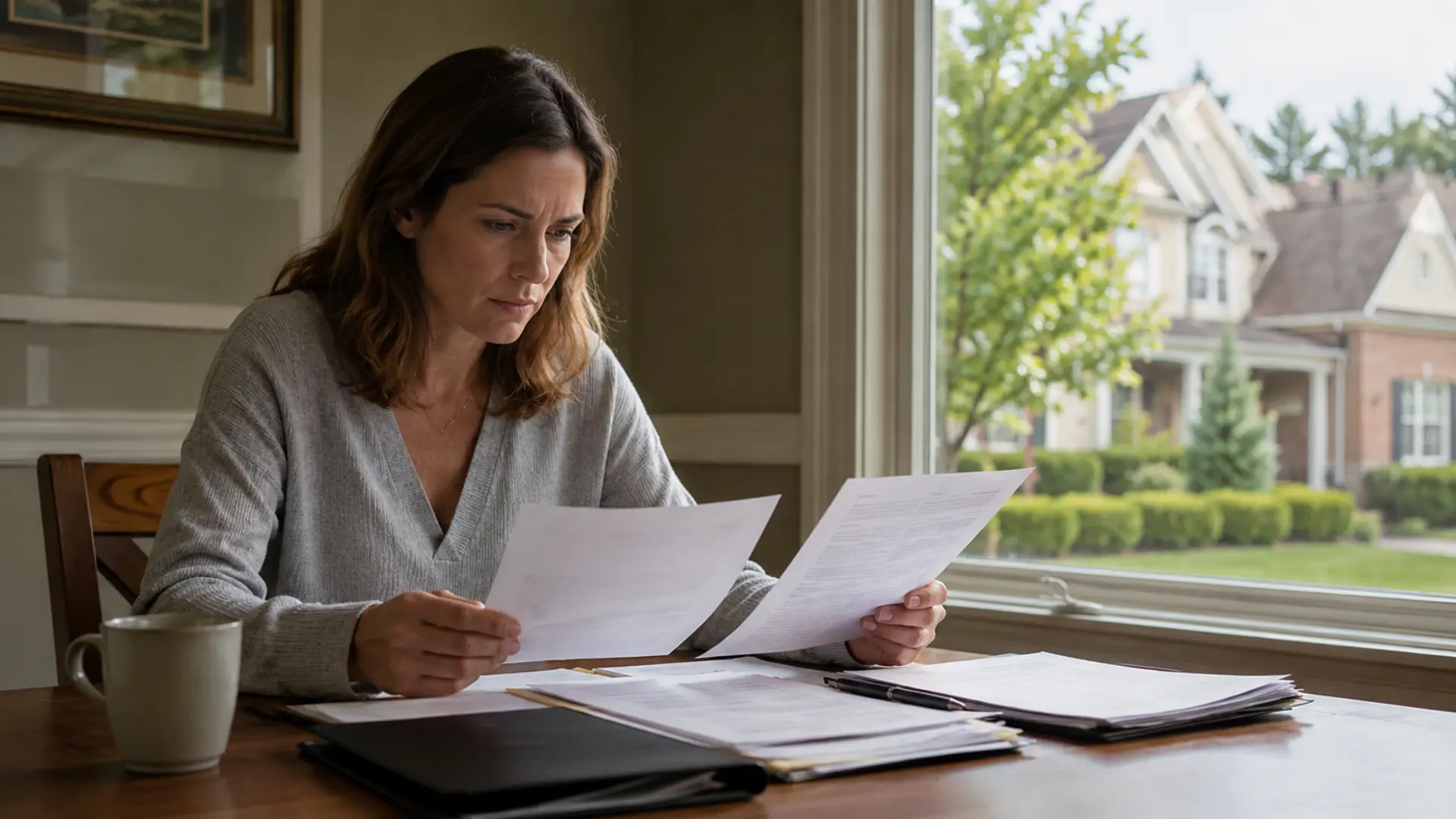 Homeowner reviewing HOA documents at a table near a suburban window
