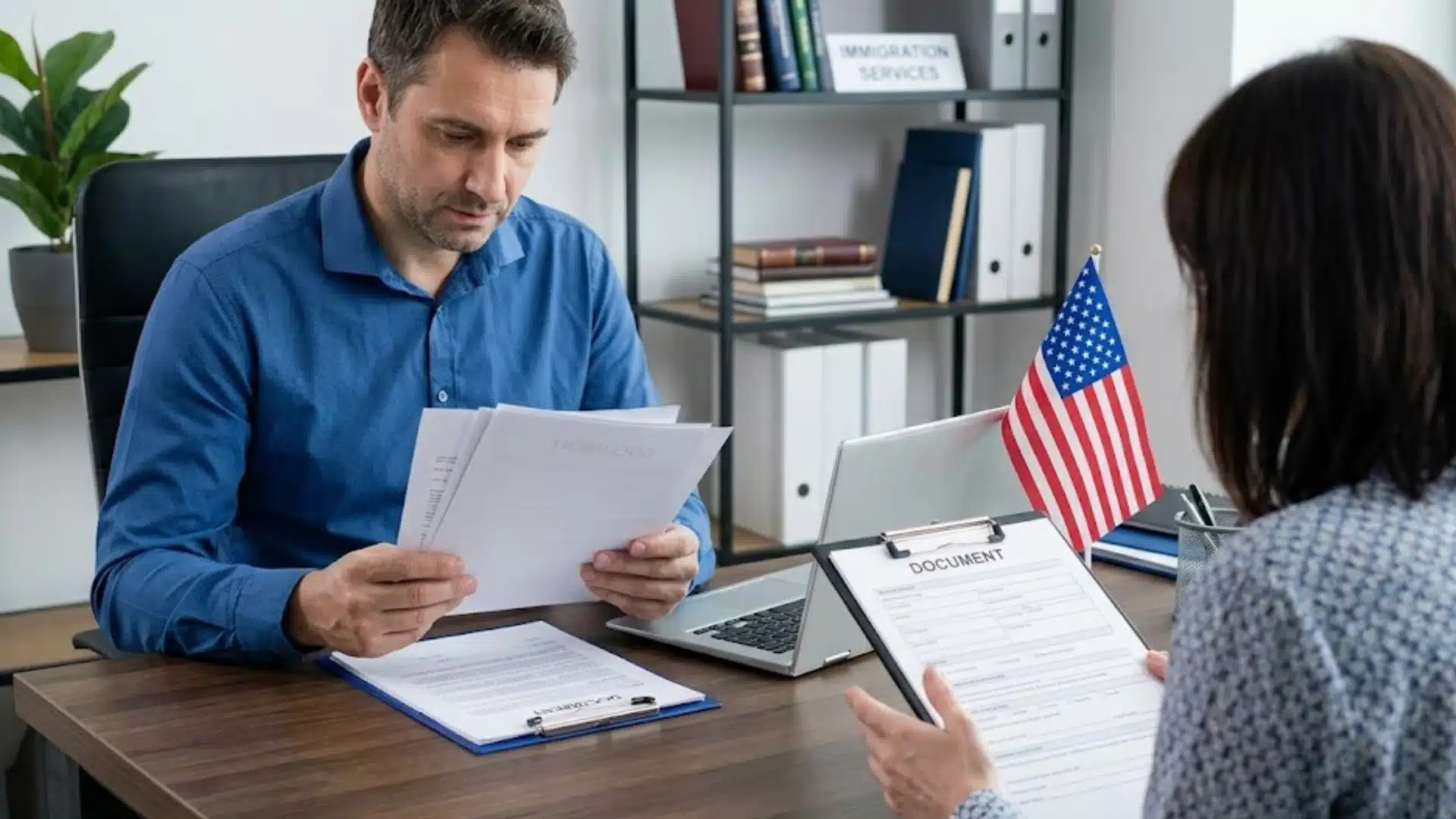 Immigration attorney reviewing visa documents with applicant during U.S. immigration consultation meeting in office