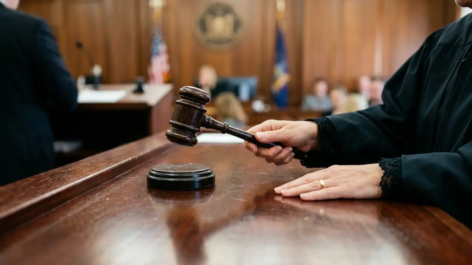 Judge holding gavel at courtroom bench, representing shock probation revocation hearing