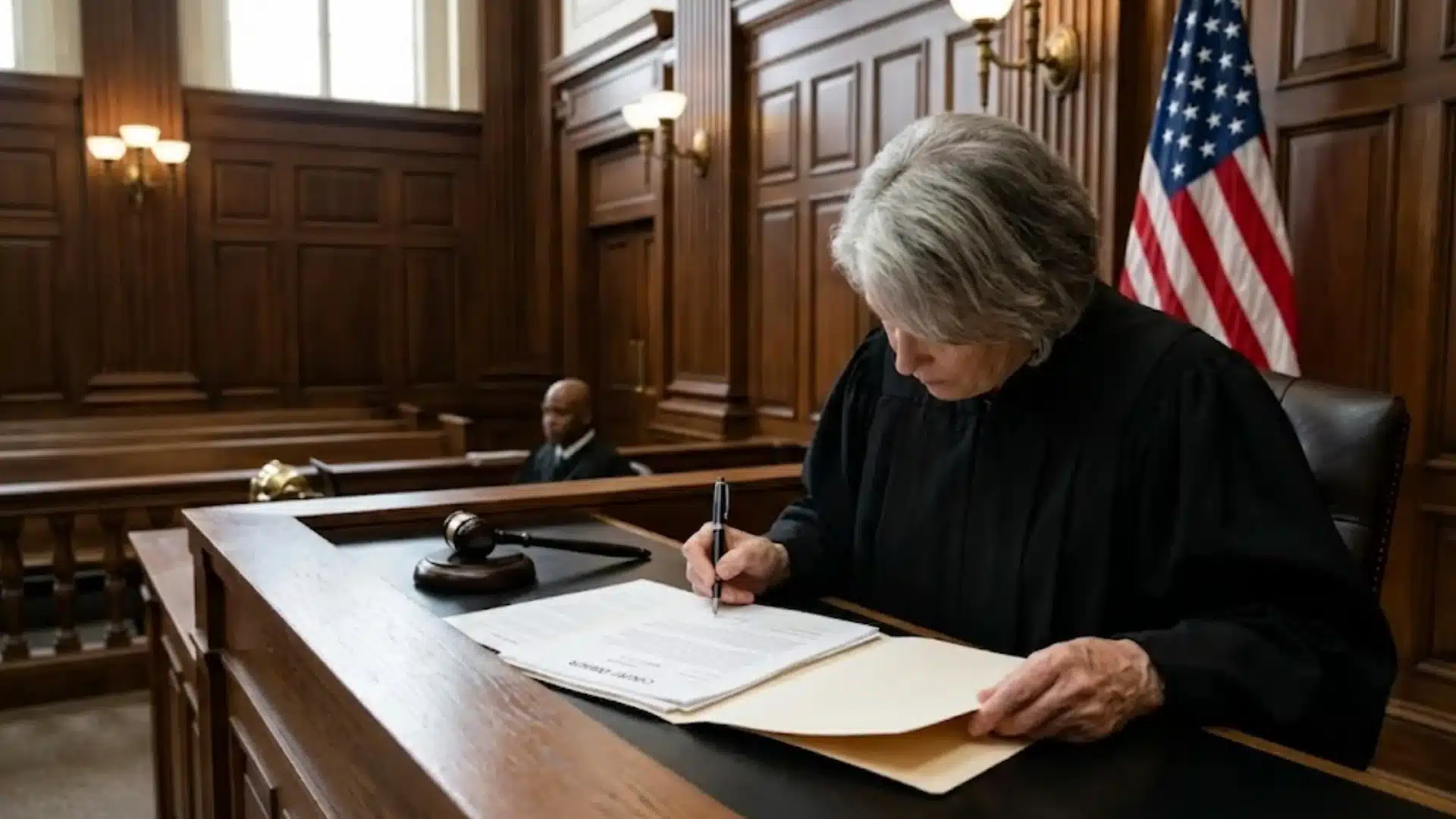 Judge signing court documents in a wood-paneled courtroom with American flag and gavel nearby