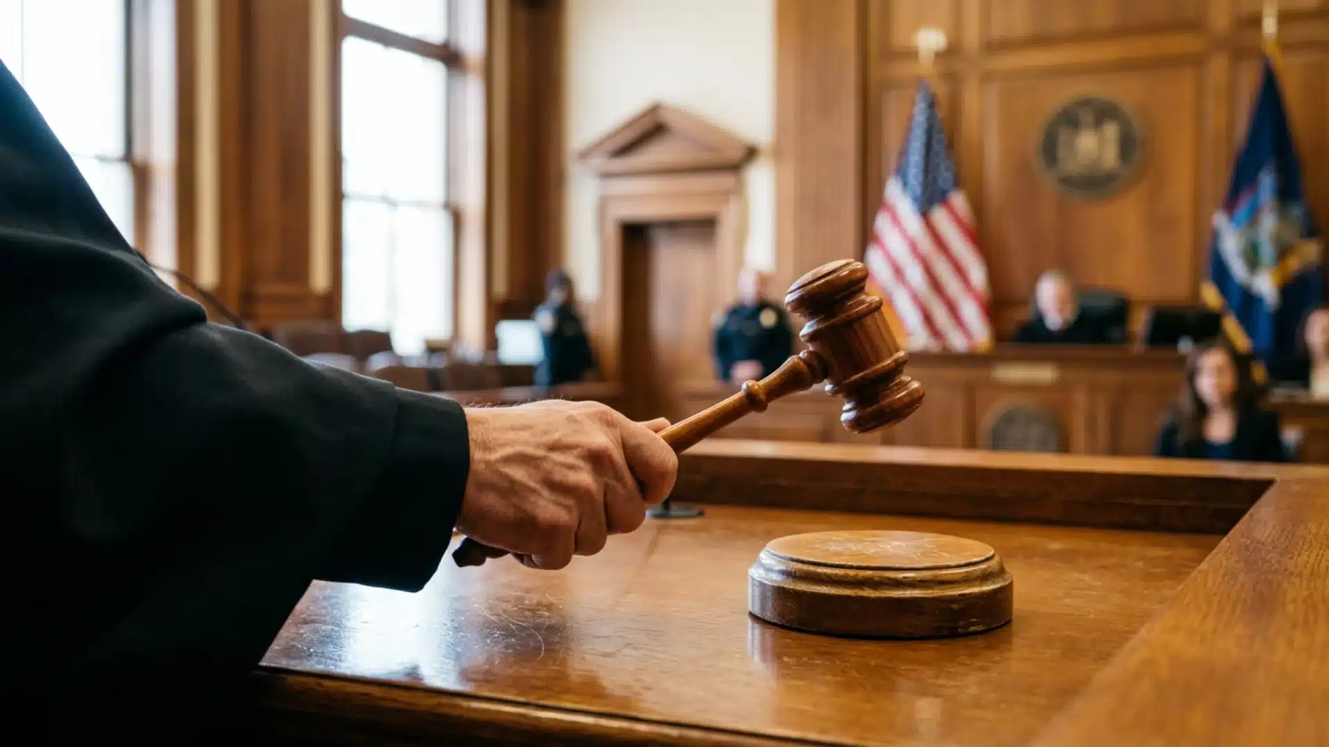 Judge striking gavel in courtroom during sentencing phase of criminal case