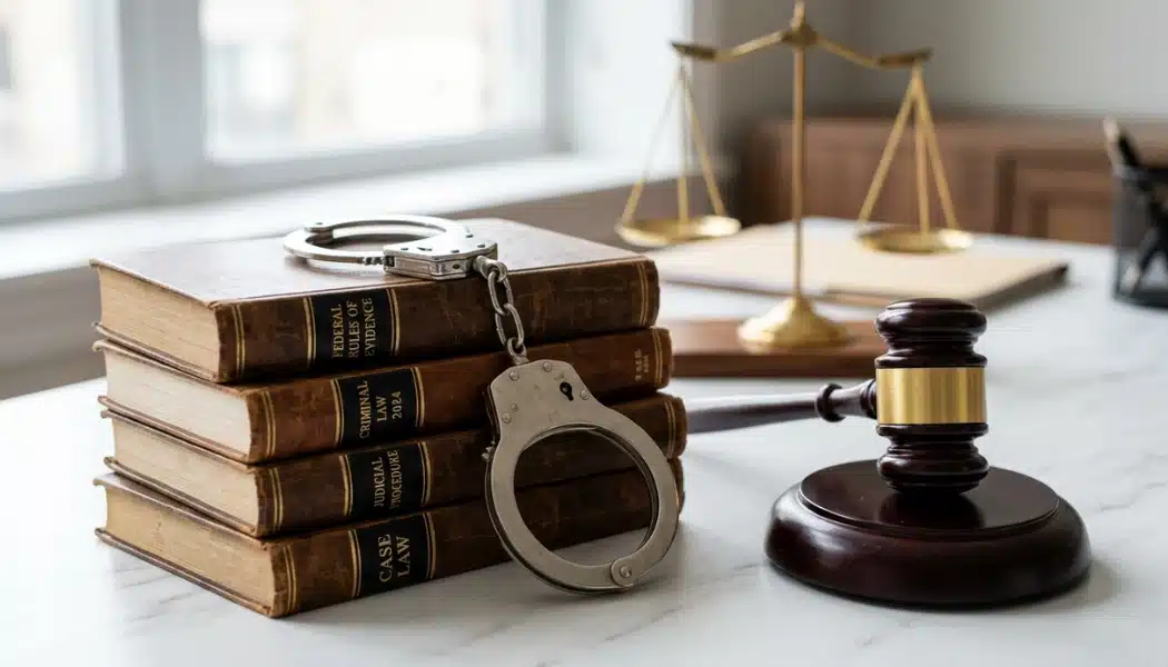 Law books with handcuffs, gavel, and scales of justice on a courtroom desk