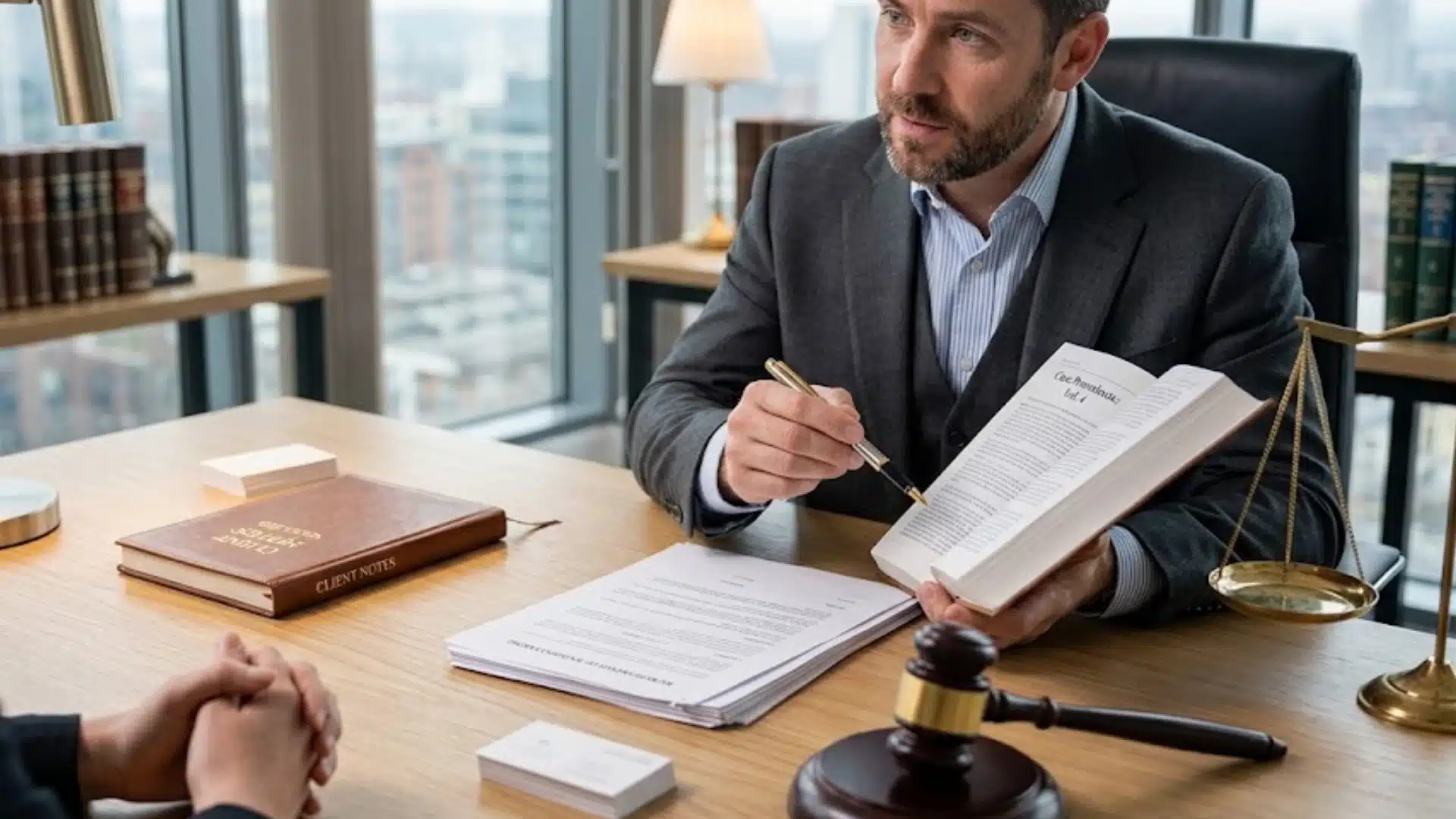 Lawyer explaining legal documents to a client in office with law books, gavel, and scales of justice visible