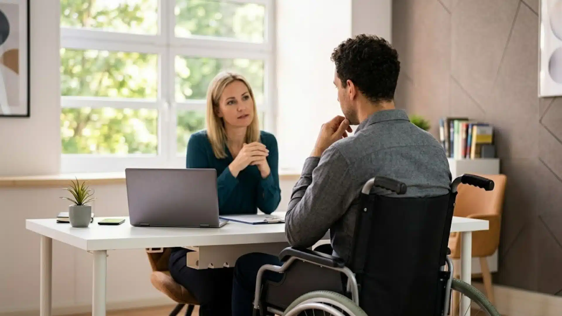Lawyer speaking with wheelchair user during a negligence claim consultation in a bright office
