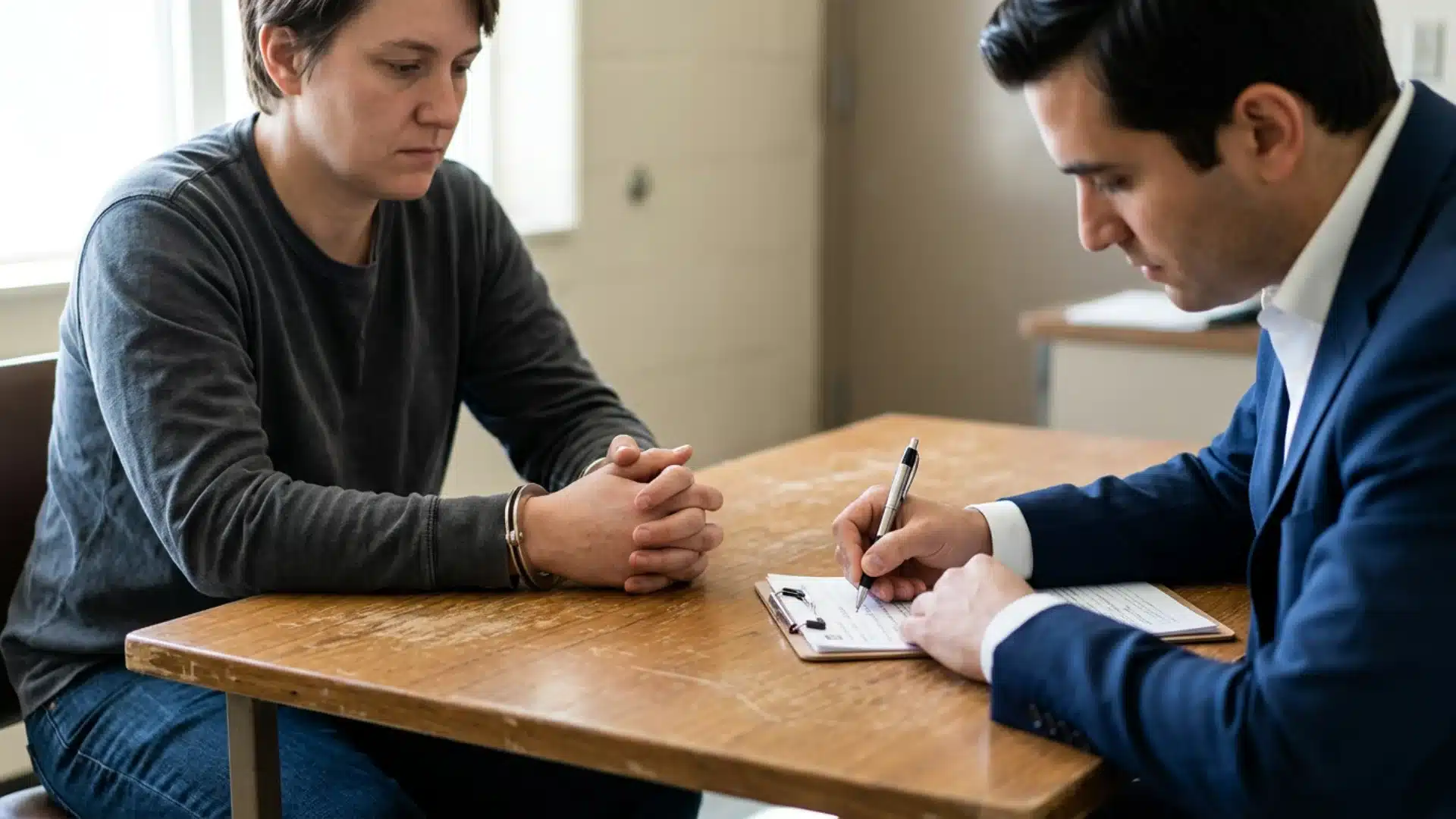 Legal consultation between an attorney and a client discussing a case, contract, or legal representation