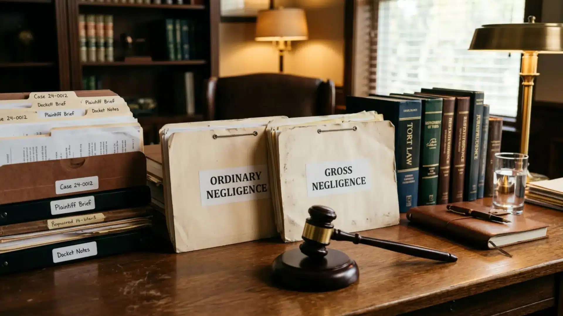 Legal files labeled ordinary negligence and gross negligence on a lawyer's desk with a gavel