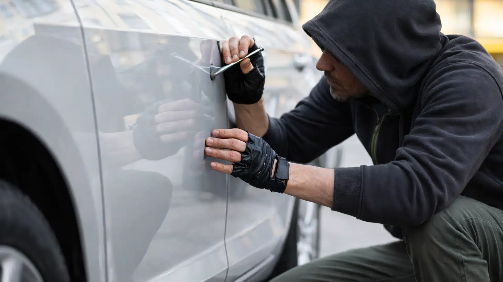 Man attempting to break into a white car using a tool, wearing a hoodie and gloves in an urban setting