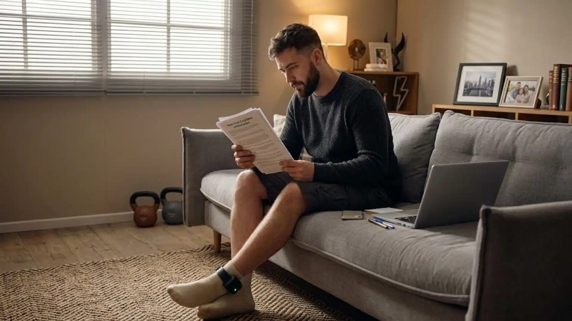 Man wearing ankle monitor reads legal papers on couch with laptop nearby in a home living room