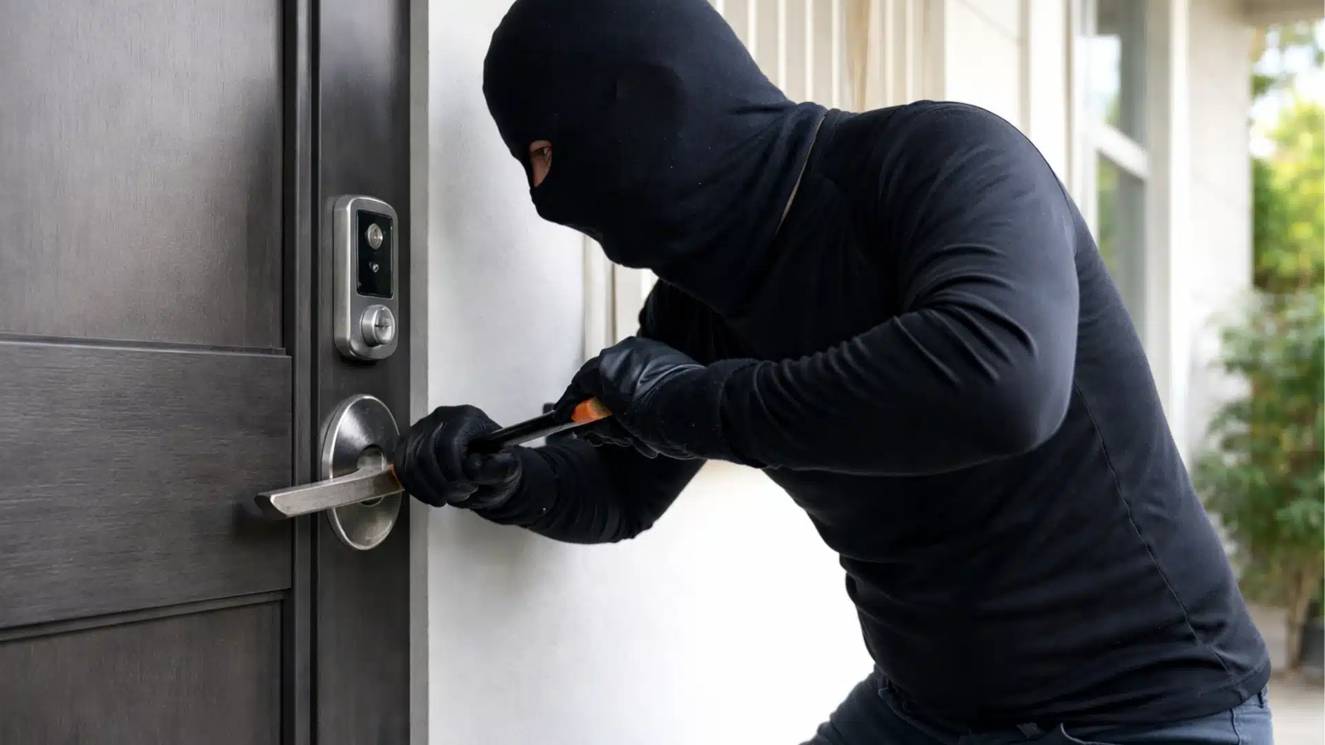 Masked intruder attempting to break into a residential front door using a crowbar in daylight
