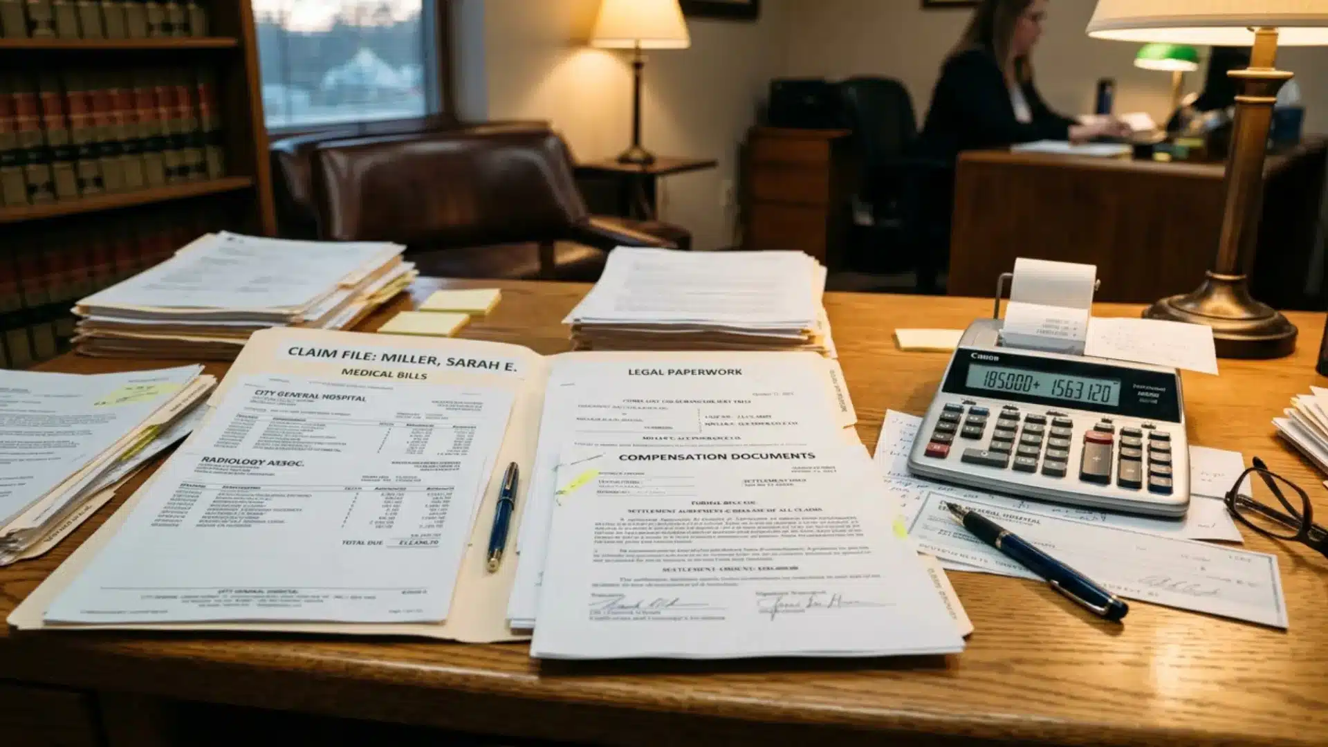 Medical bills, compensation papers, and calculator on a personal injury lawyer's office desk