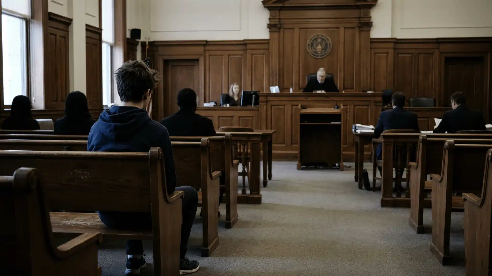 Minor appearing in juvenile court hearing with judge's bench in background