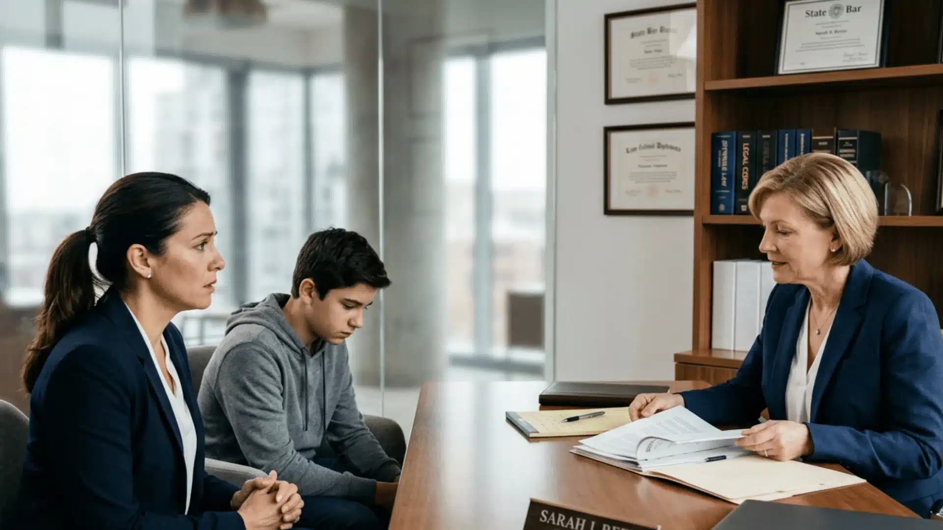 Mother and teenage son meet with an attorney in a law office consultation