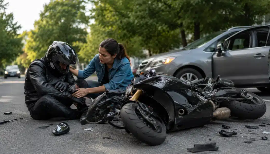 Motorcycle crash scene with injured rider, damaged bike, nearby car, and person offering help