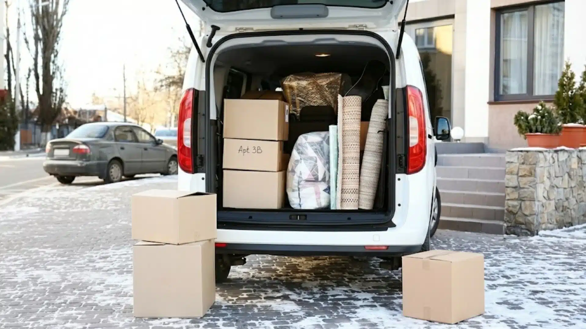 Moving boxes and rolled rugs packed in an open van outside an apartment building on a snowy street