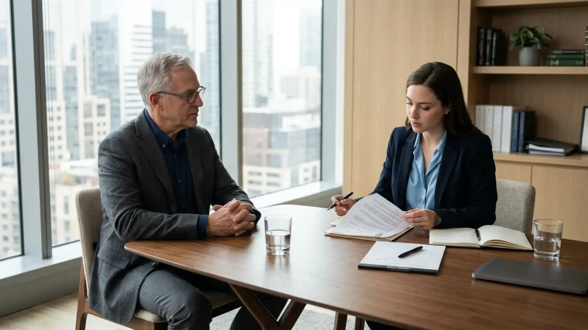 Older employee meeting with an age discrimination in a attorney law office to discuss a workplace claim.