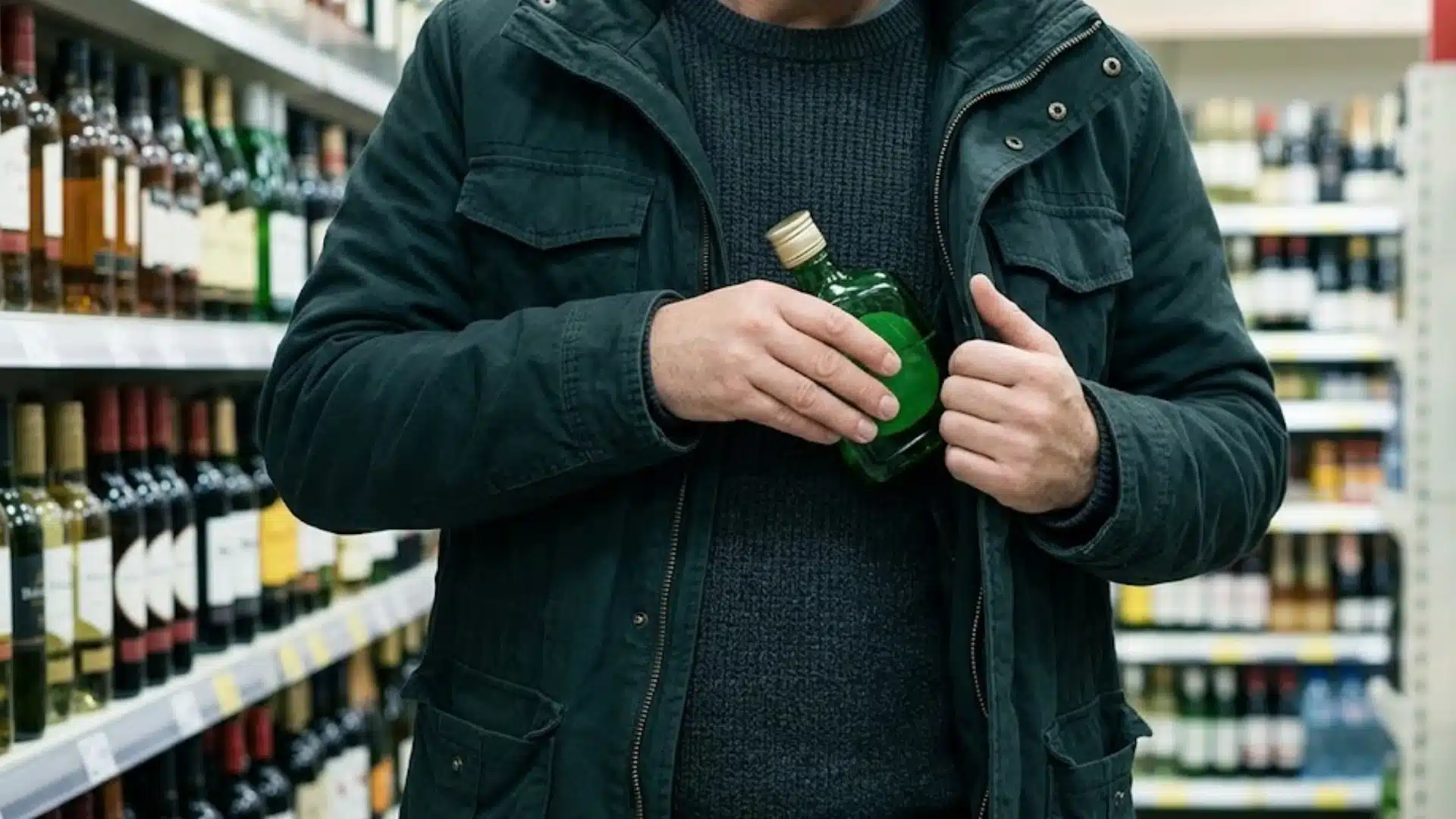 Person concealing a liquor bottle inside jacket while standing in a store aisle lined with alcohol shelves