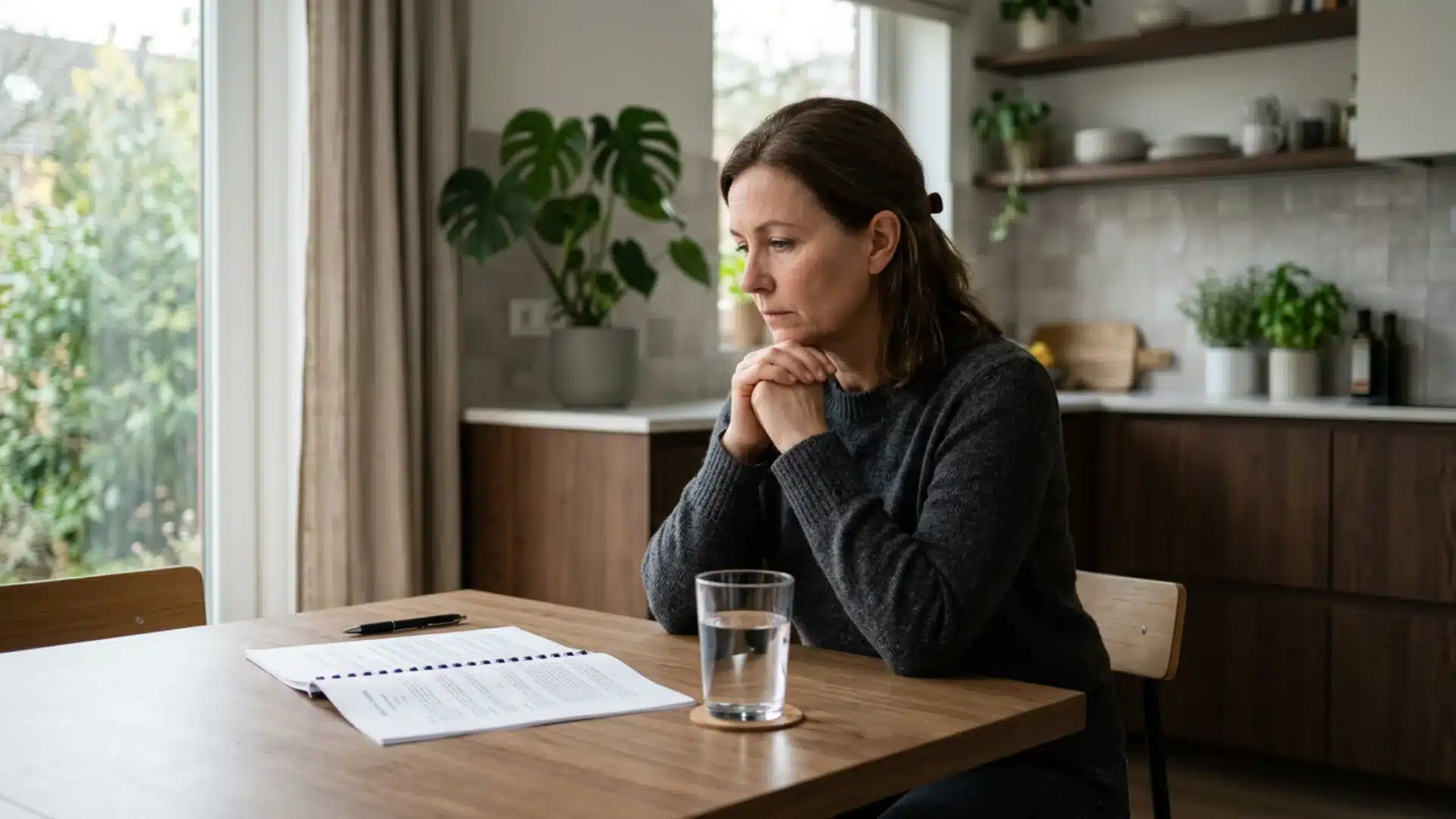 Person reading probation conditions document at a kitchen table deciding whether they can drink on probation