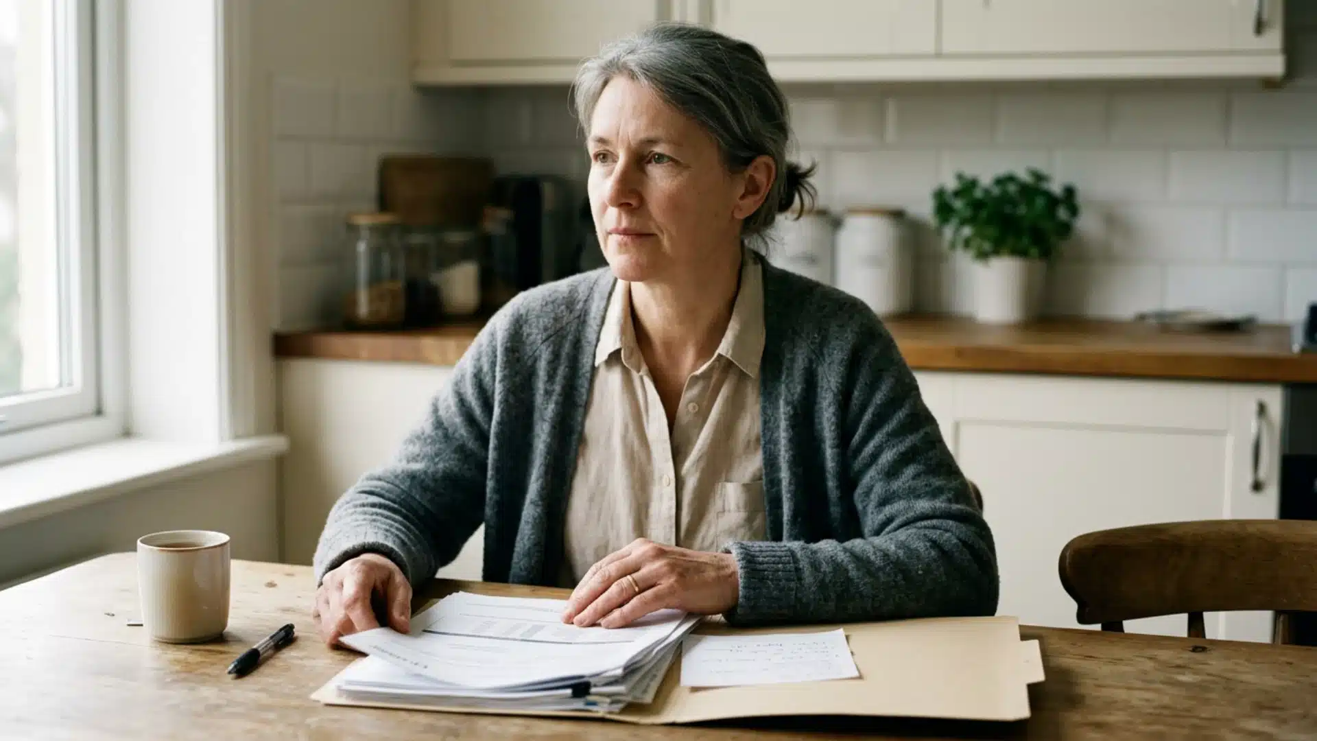 Person reviewing medical documents related to a mesh lawsuit at home