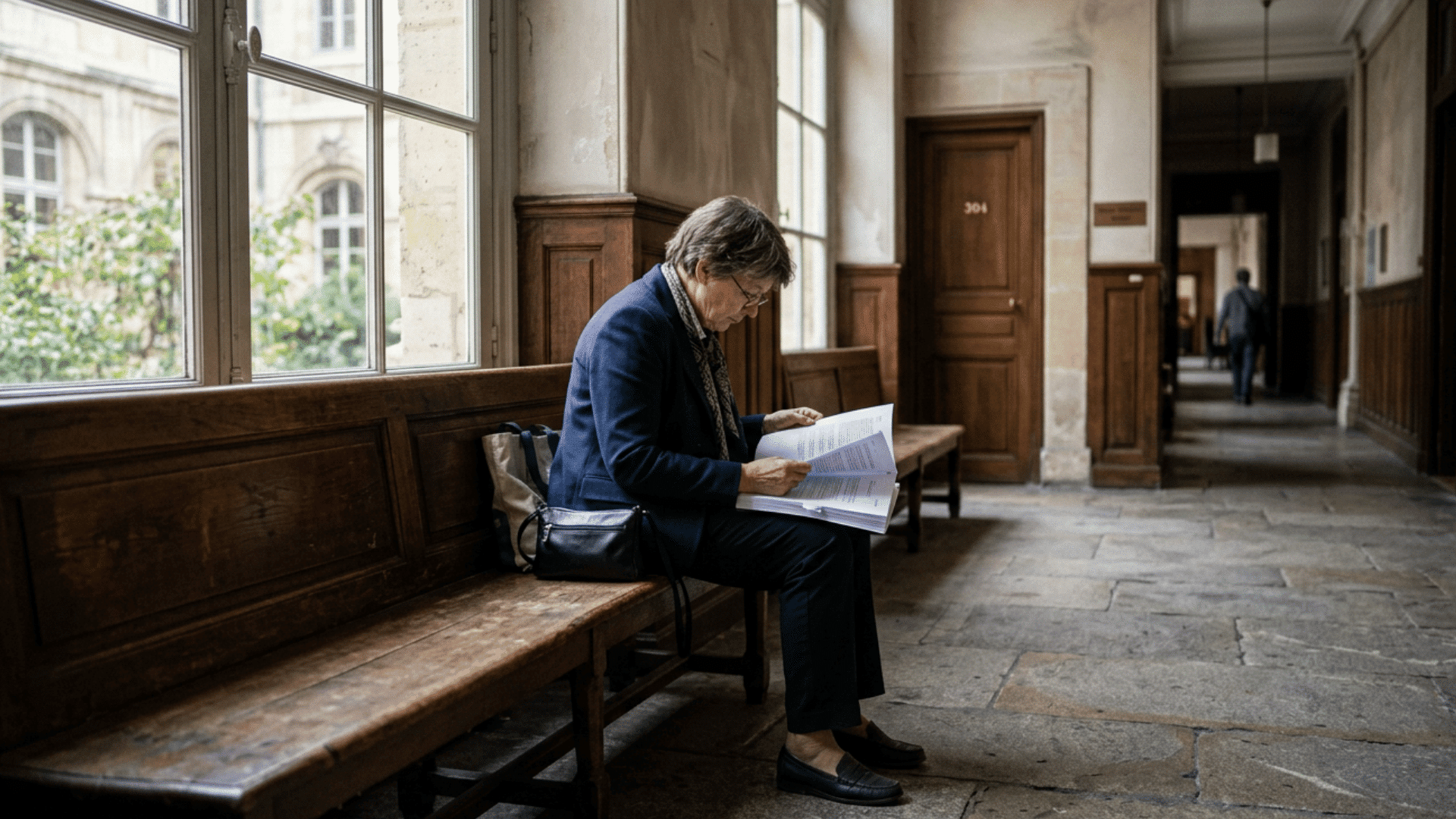 Person reviewing probation violation documents in courthouse hallway