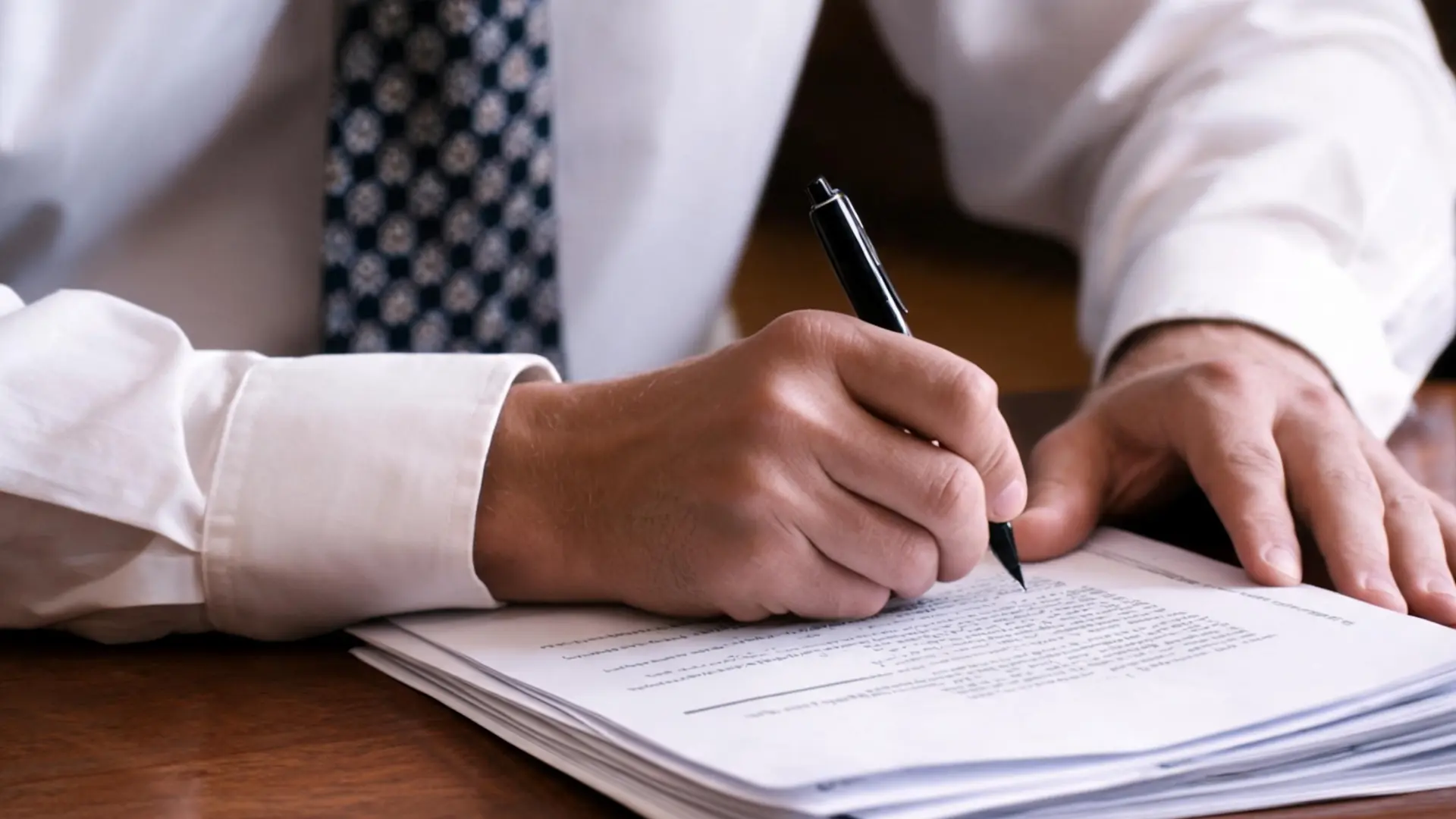 Person signing a legal contract with a pen at a desk during a real estate agreement
