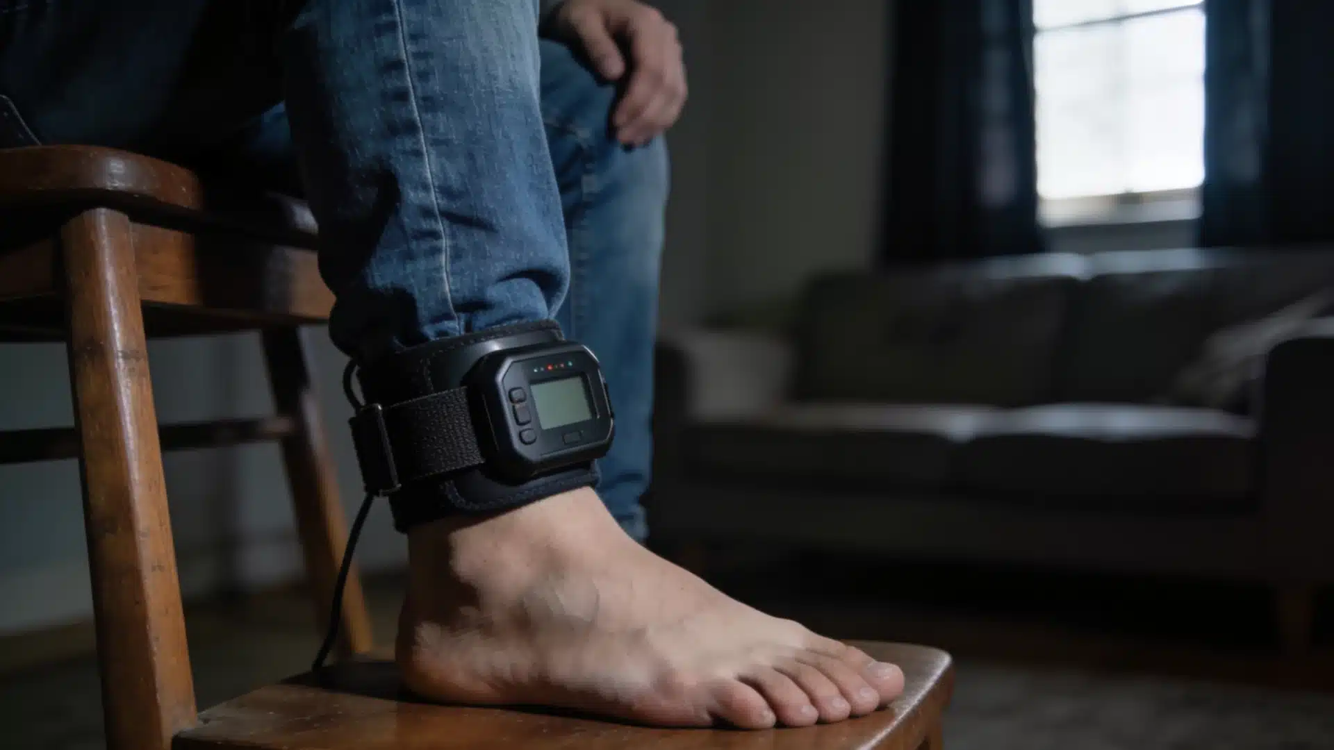 Person wearing an ankle monitor while resting a bare foot on a wooden chair indoors