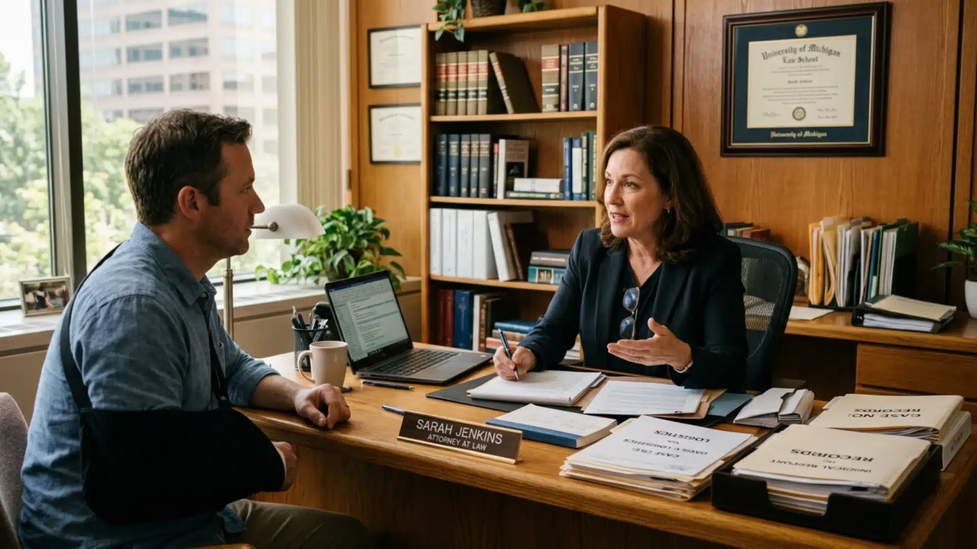 Personal injury attorney consults an injured client about claim records in a law office