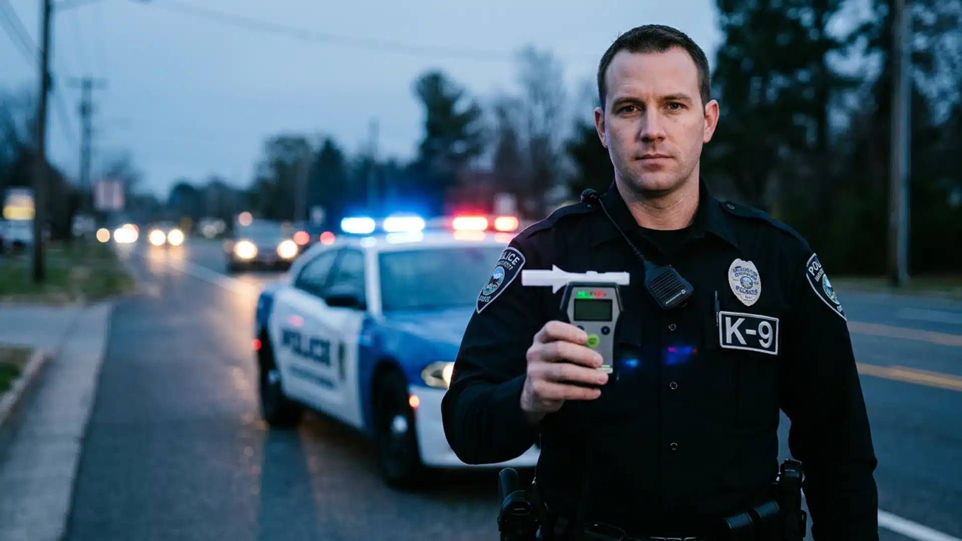 Police officer holding a breathalyzer device during a roadside DUI checkpoint.