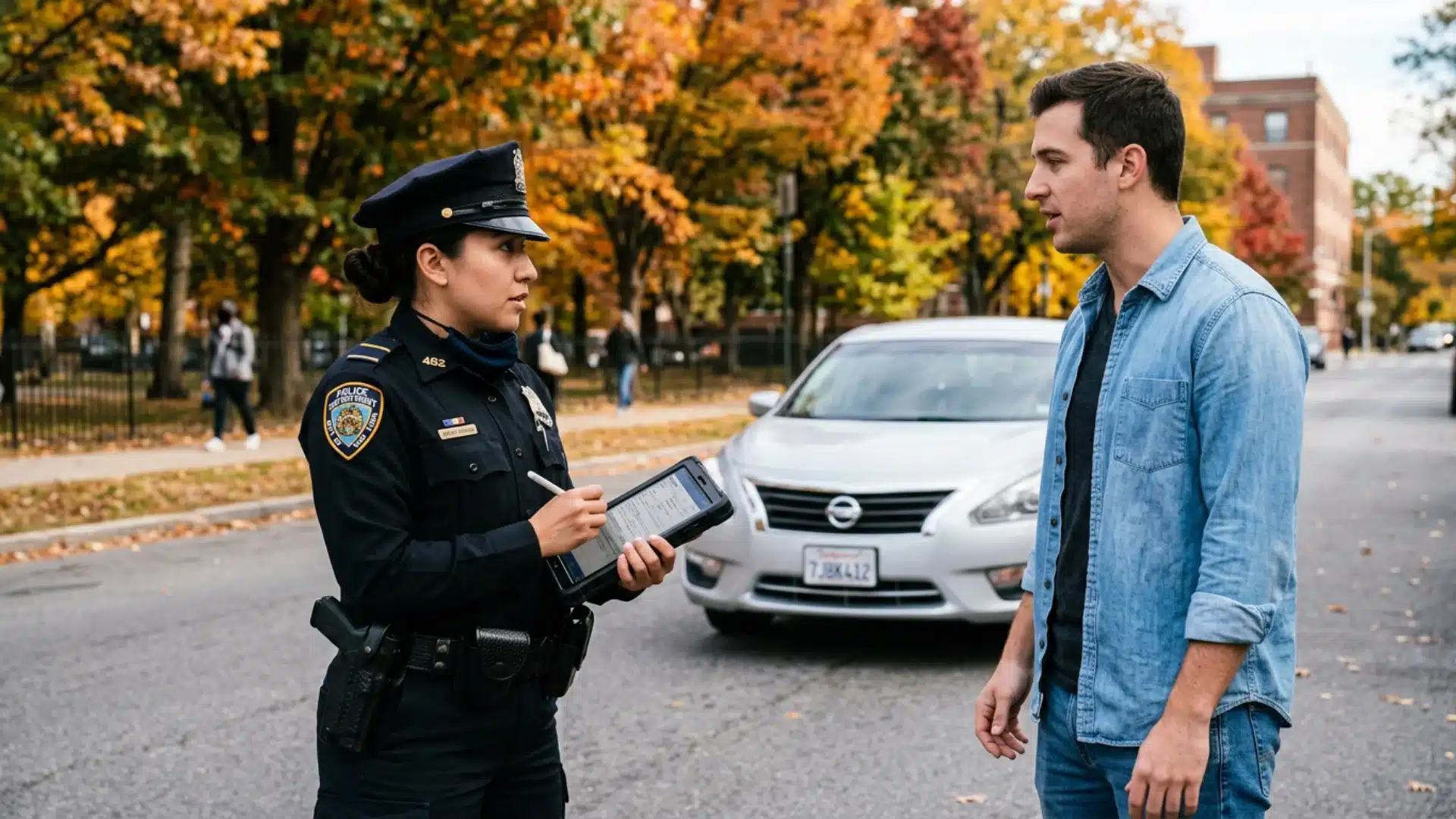 Police officer questioning a driver during a roadside traffic stop.