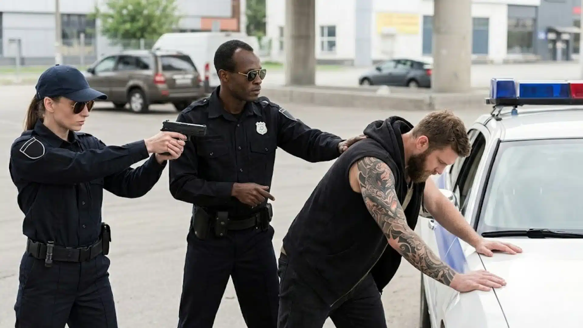Police officers detain man beside patrol car during possible wrongful arrest incident