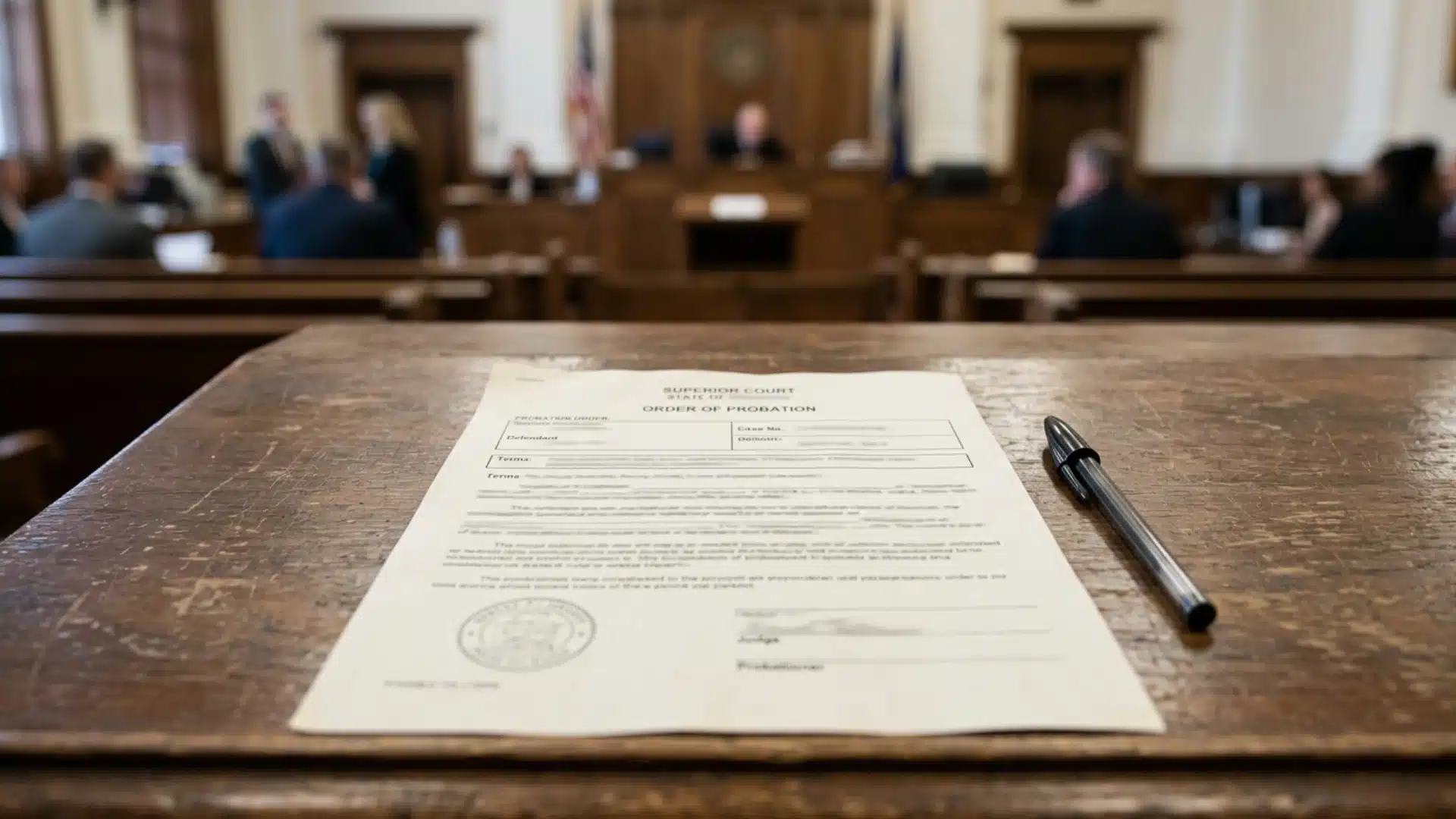 Probation order document on desk showing court-imposed travel conditions and supervision terms