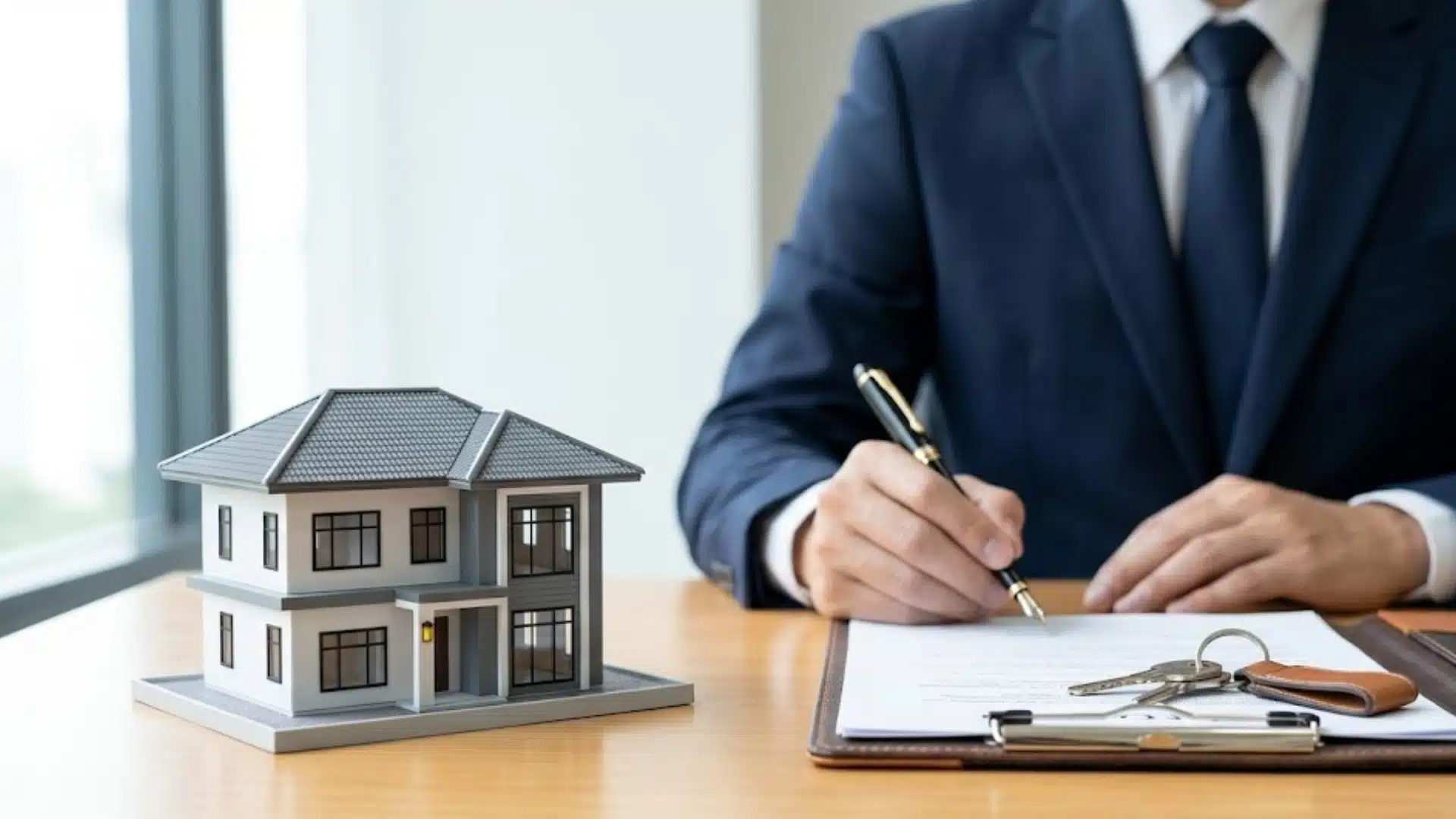Real estate agent signing home contract beside house model and keys on an office desk