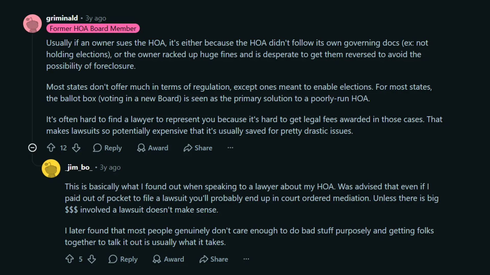 Reddit discussion about suing an HOA and lawsuit costs 