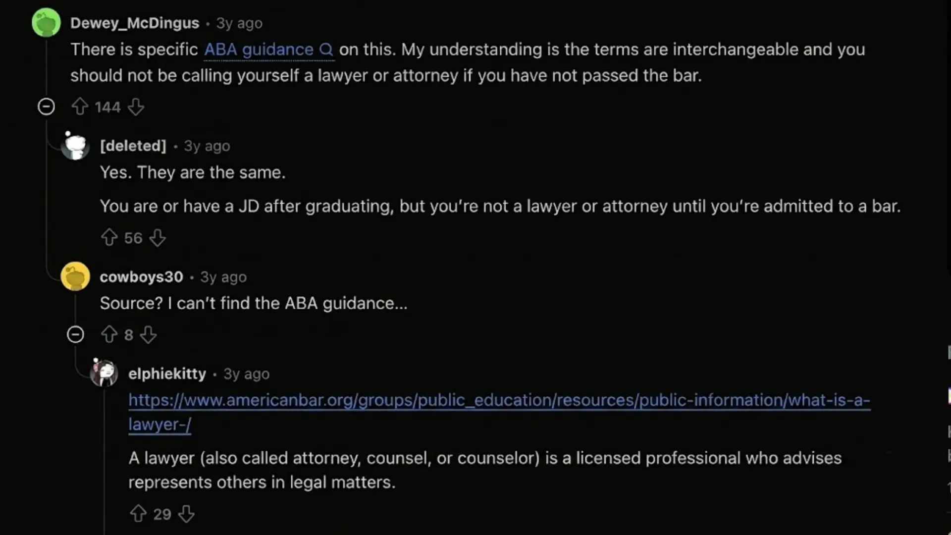 Reddit thread discussing whether lawyer and attorney mean the same thing and bar admission requirements