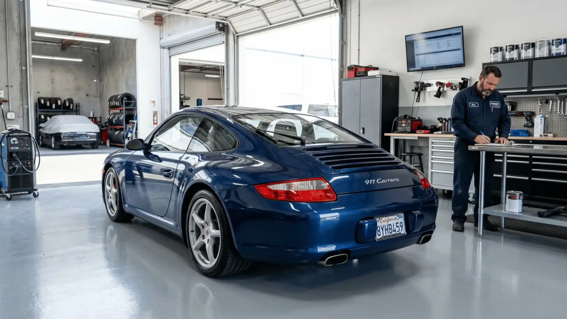Repaired car in auto body shop after accident, illustrating diminished value after collision repair