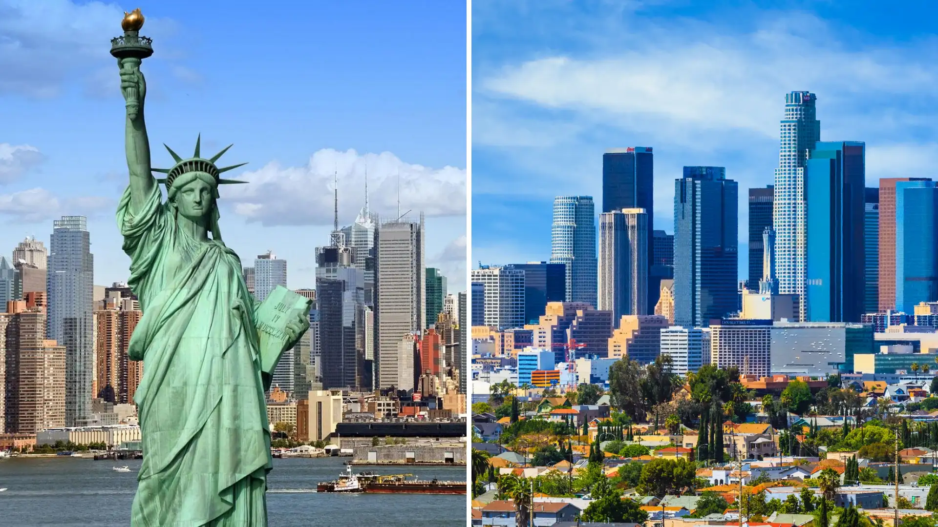 Split image of Statue of Liberty and Los Angeles skyline for New York and California arrest laws