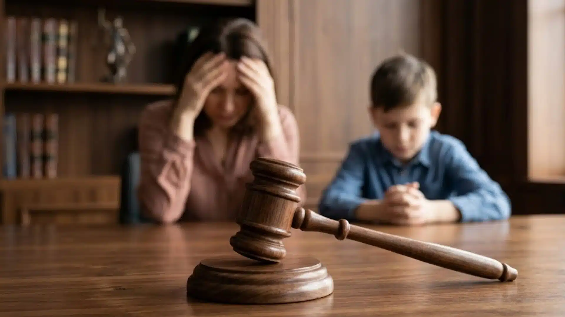 Stressed mother and child in juvenile court with judge gavel in foreground on wooden table
