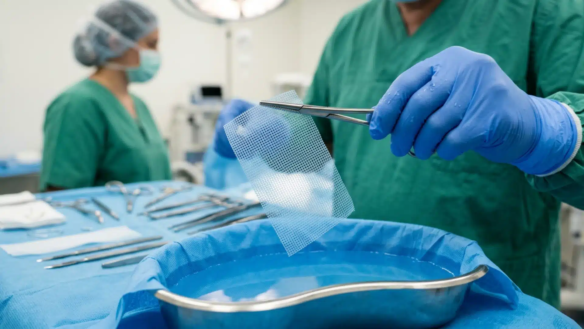 Surgeon holding a mesh implant with forceps in an operating room.