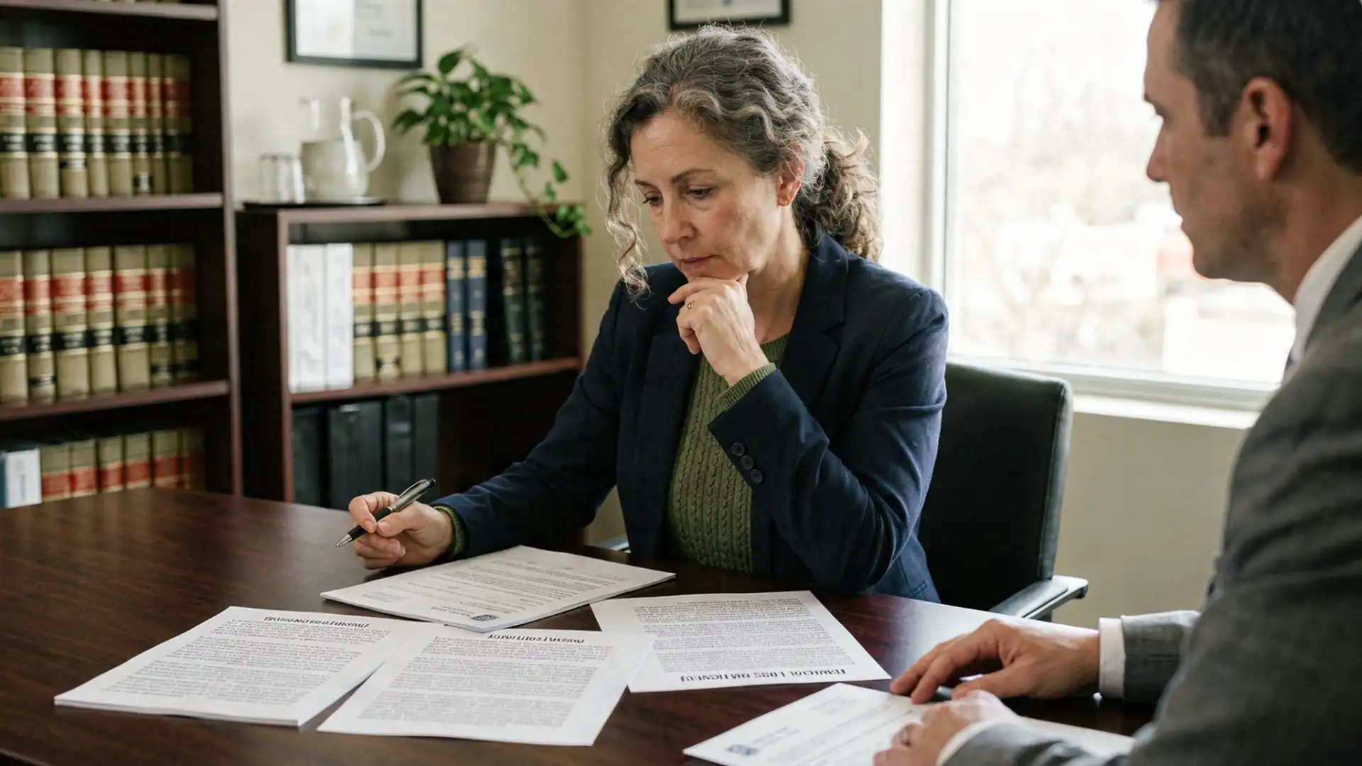 Thoughtful person reviewing documents about property damage, emotional distress, and financial loss during legal consultation.