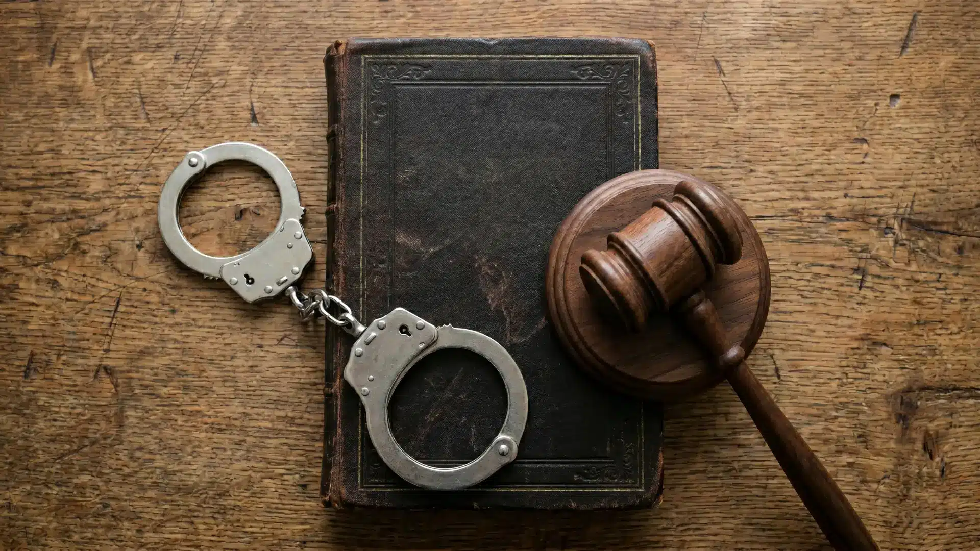 Top-down view of handcuffs beside a wooden gavel on a law book.