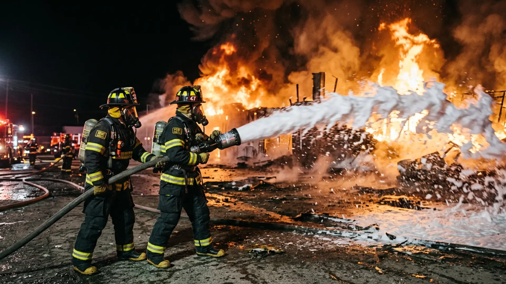 Two firefighters spray white fire suppression foam onto a massive, blazing structure fire at night