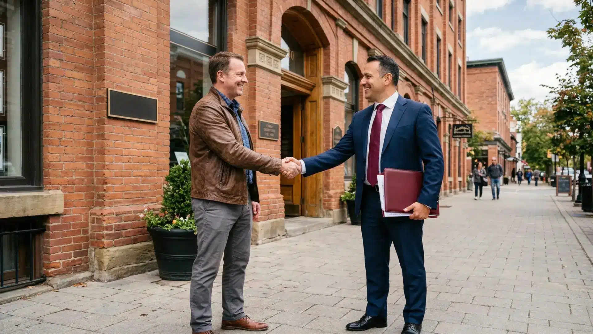 Two men, one in a leather jacket and one in a suit, shake hands on a sidewalk outside a brick building