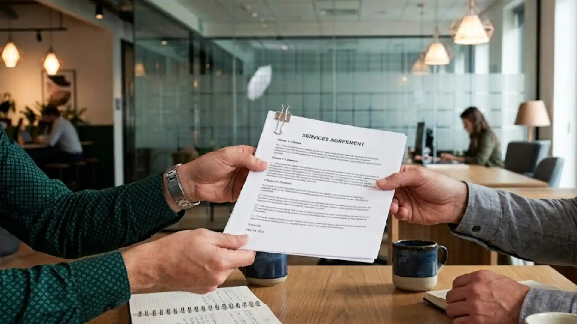 Two people exchanging a services agreement at a meeting table with coffee, notebook, and office background