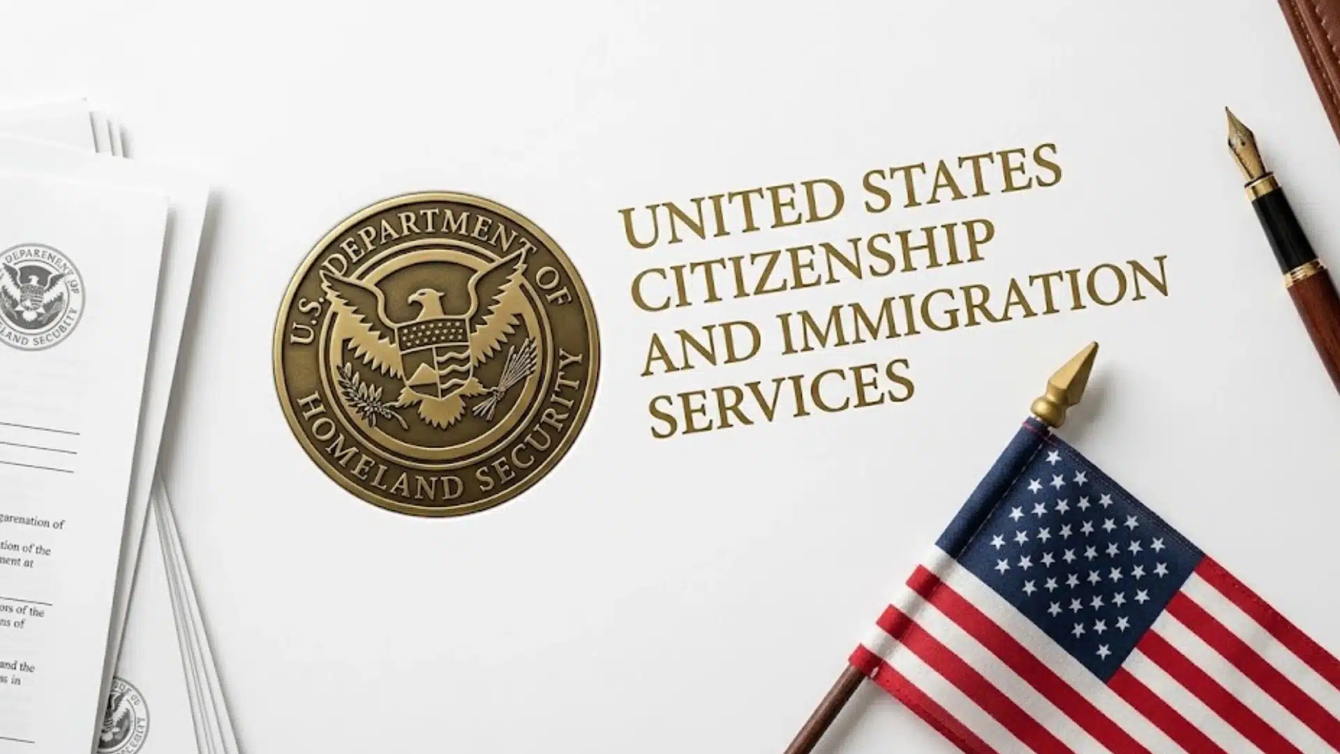 USCIS documents with U.S. flag and official seal for an EB-2 visa application and immigration guide