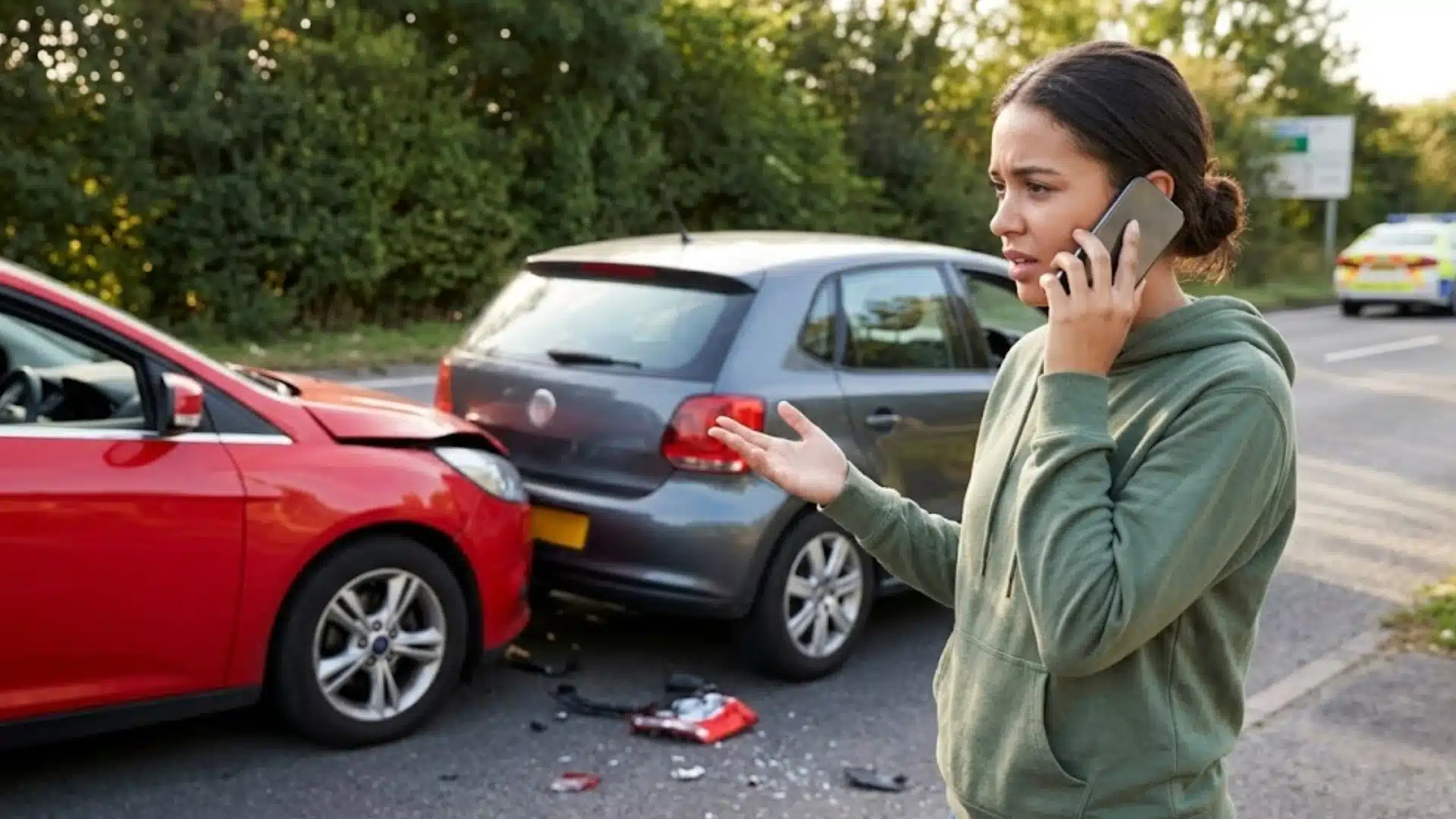 Woman calls for help after a roadside car accident with damaged vehicles and debris nearby
