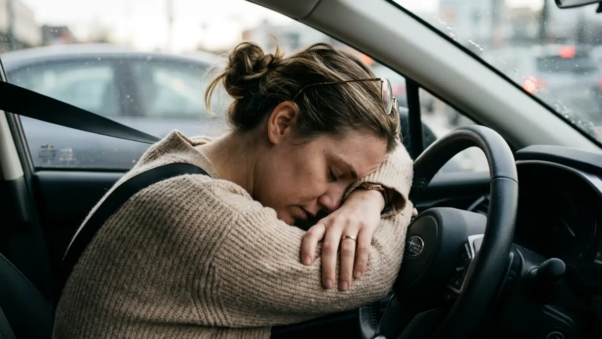Woman sitting in a car with her head down on the steering wheel